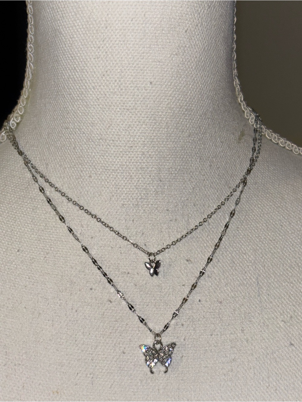 Y2K-Style Silver Butterfly Layered Necklace - Dainty Crystal Accent